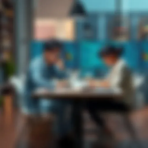 Two people sitting at a table, working together on laptops with coding books around them