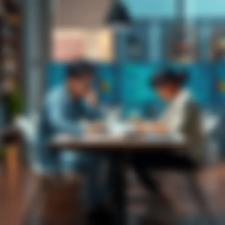Two people sitting at a table, working together on laptops with coding books around them