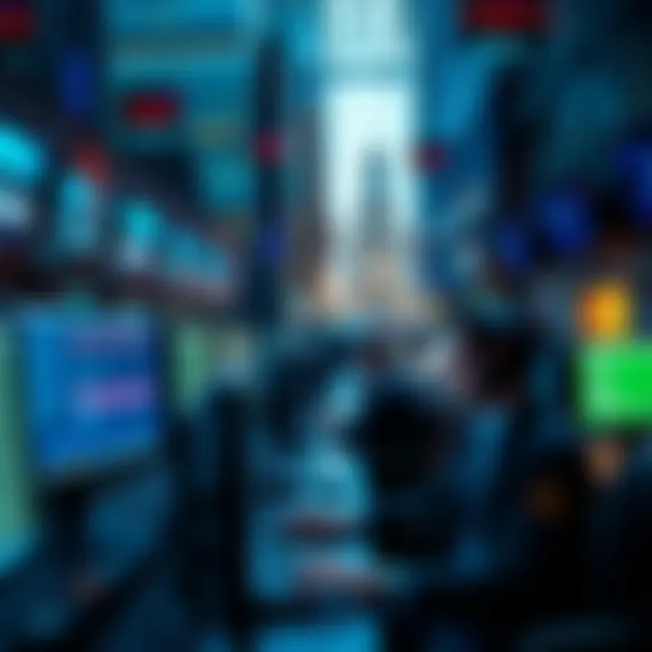 A busy Wall Street office with professionals working on computers, focusing on coding and technology in finance