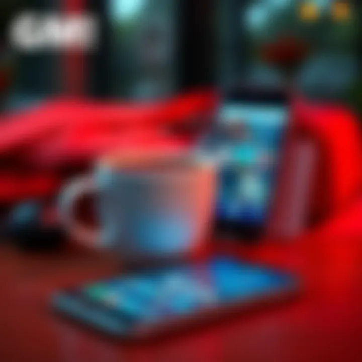 Coffee cup with a phone A coffee cup placed next to a phone displaying social media, encouraging a pause before scrolling.