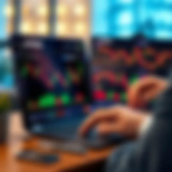A person using a laptop to trade cryptocurrency on the Coinbase platform, displaying charts and user interface features.