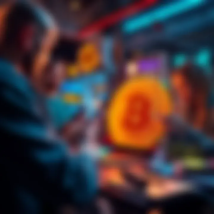 A promotional scene showing people engaging with Bitcoin on smartphones and laptops, highlighting the benefits of cryptocurrency.