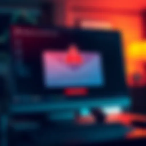 A warning email about a Coinbase account verification scam, featuring a red alert symbol and a computer screen showing an email interface.