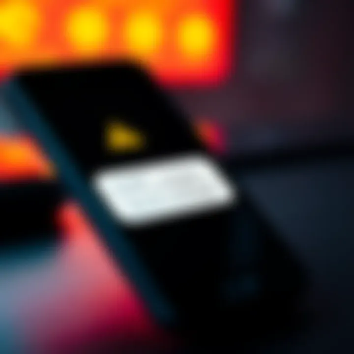 A smartphone displaying a text message alert about a suspicious login attempt, with a warning symbol in the background.