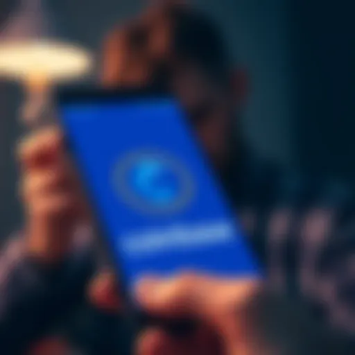 A smartphone displaying the Coinbase logo with a worried person in the background looking at their device.