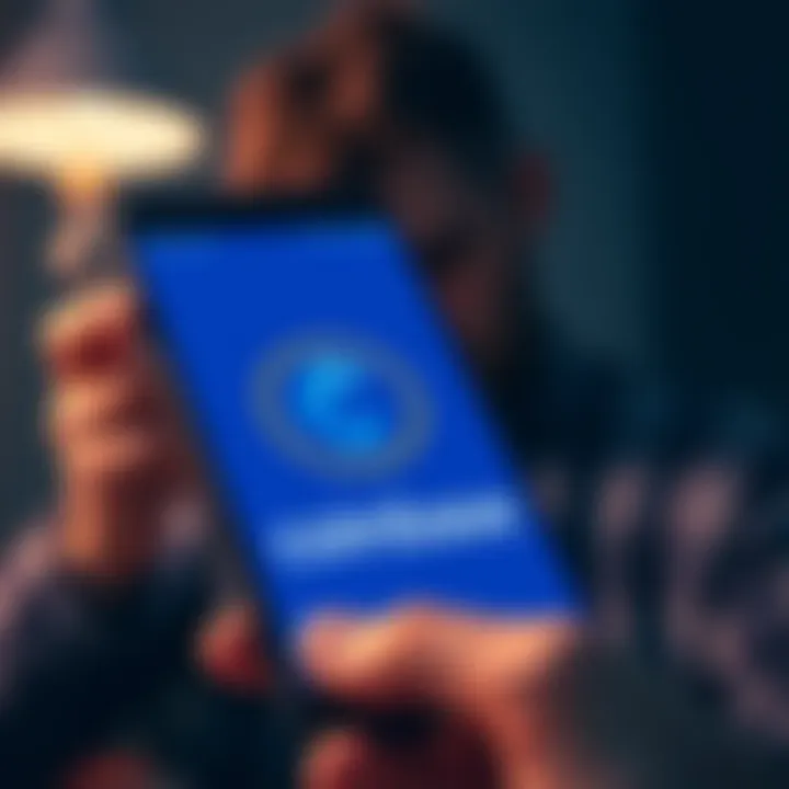 A smartphone displaying the Coinbase logo with a worried person in the background looking at their device.