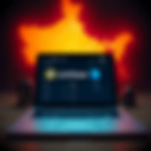 A guide explaining Coinbase's VPN policy for US citizens living in India, featuring a laptop with a VPN software interface and a map of India in the background.