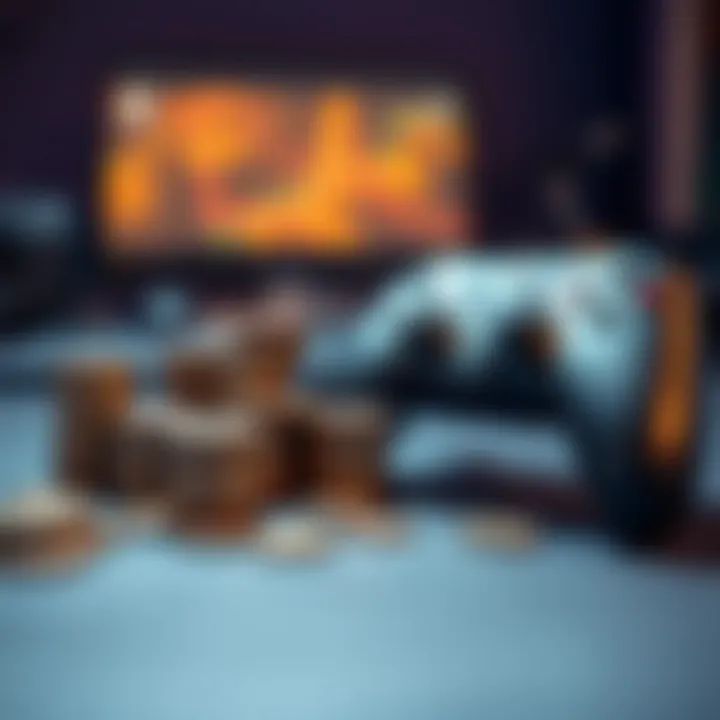 A pile of coins next to a game controller, representing investments in gaming.