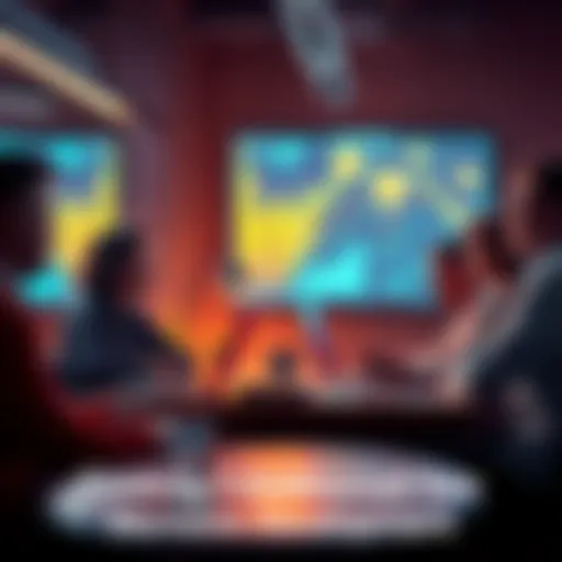 A group of developers discussing memecoin strategies and sharing ideas at a table, laptops open and digital currency graphics on screen.