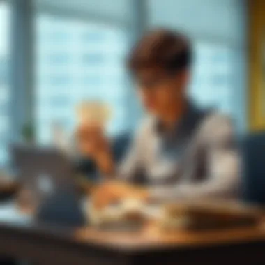 College student with money and laptop A college student sitting at a desk with a laptop, reviewing investment options while counting money, symbolizing smart financial planning.