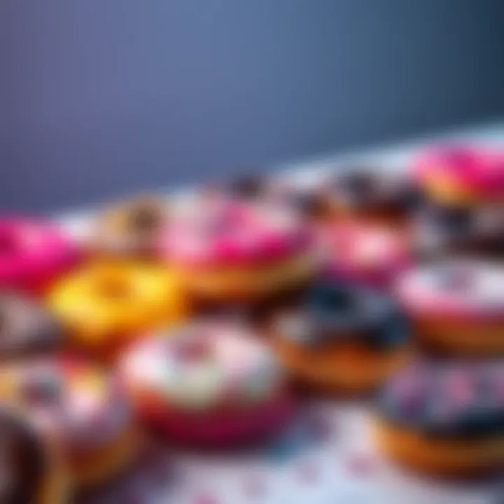 A variety of colorful donuts arranged on a table, showcasing different flavors and toppings