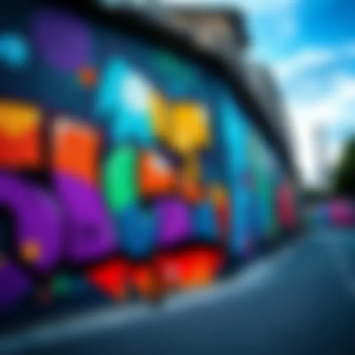 Colorful Graffiti Mural in Paris Vibrant graffiti mural depicting abstract shapes and colors on a city wall in Paris.