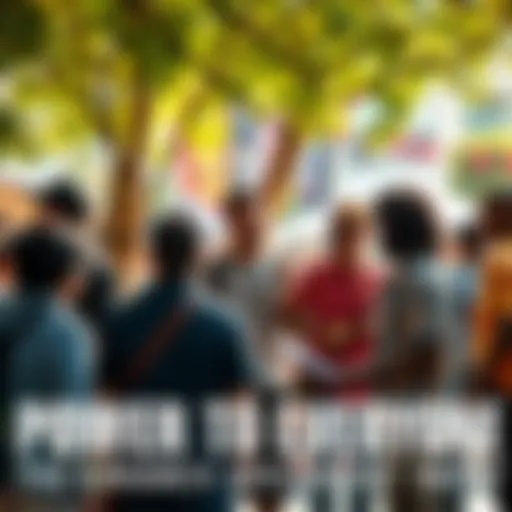 A diverse group of people gathered together, sharing ideas and discussing in a vibrant, outdoor setting.