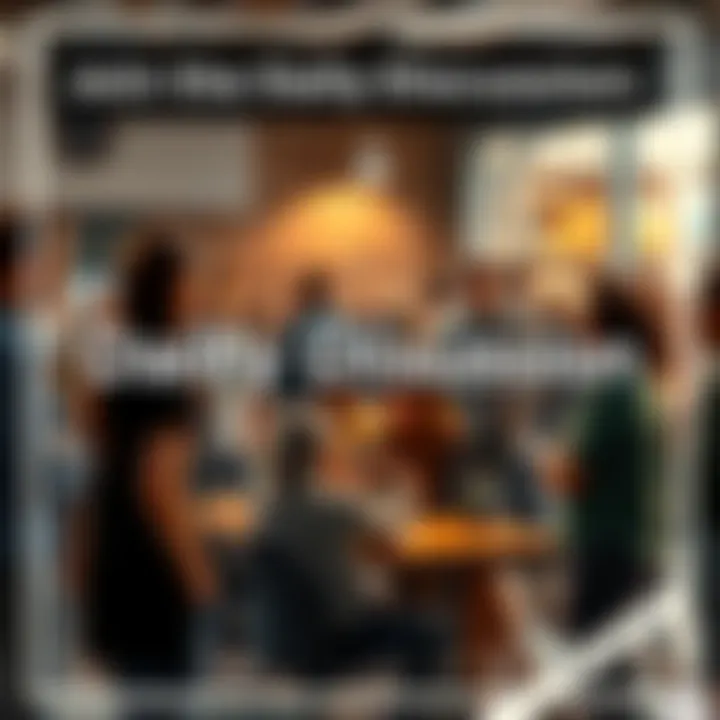 People discussing current events A diverse group of people engaging in conversation about current events in a community setting