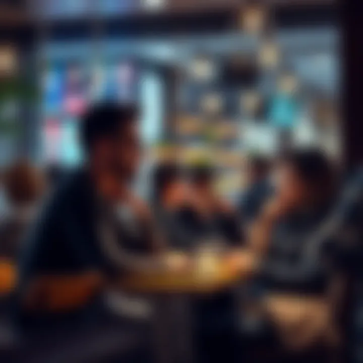 A group of people sitting in a cafe discussing their thoughts on online forums, looking thoughtful and engaged.