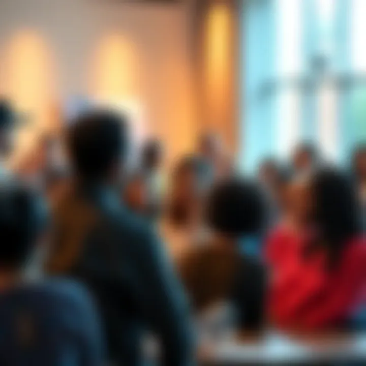 A diverse group of people engaged in a lively discussion at a community forum, sharing different viewpoints.