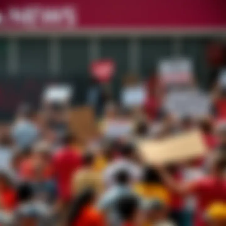 Community Gathering for Support A diverse group of people holding signs and banners at a community event, showing unity and determination to address local issues.