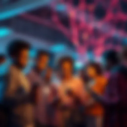 A diverse group of people engaging with the Pi Network app, showcasing community involvement and technological connection.