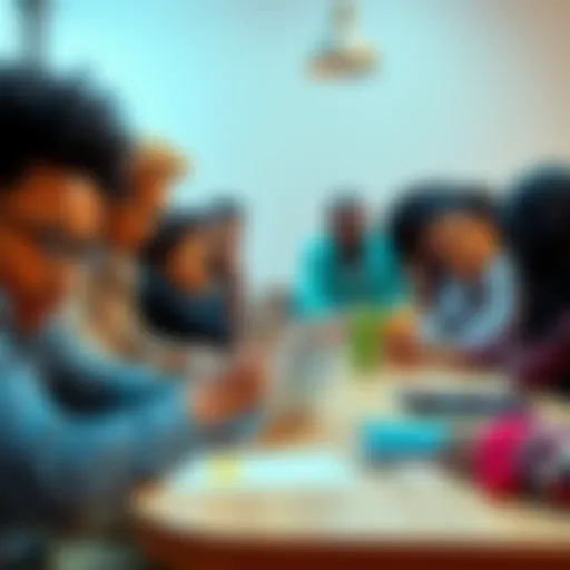 A group of diverse individuals working together around a table, sharing ideas and resources for community growth.