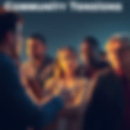 A group of people discussing with concerned expressions, hinting at rising tensions in a community.