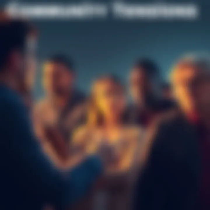 A group of people discussing with concerned expressions, hinting at rising tensions in a community.