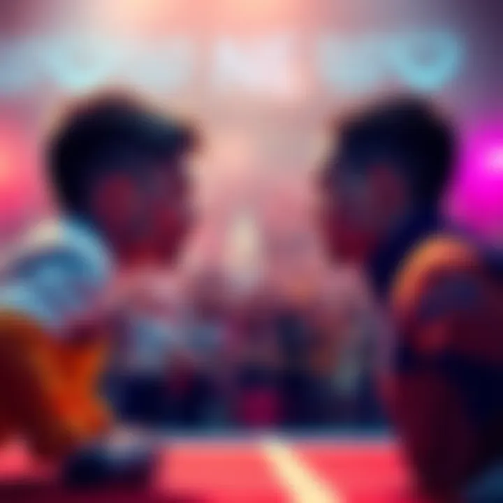 Competition Scene Two competitors face each other at a starting line, ready to begin their contest with a crowd cheering in the background.