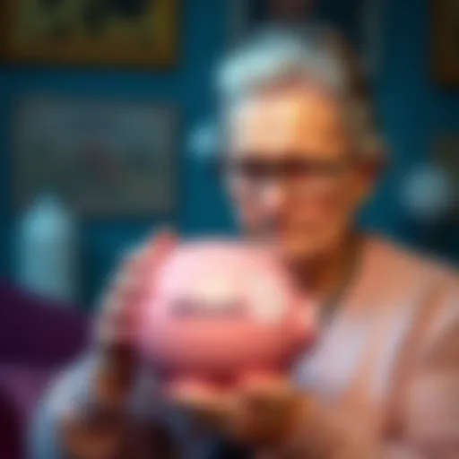 A worried grandmother holding a piggy bank labeled Bitcoin, contemplating her family's savings, symbolizing the risks of cryptocurrency investment.