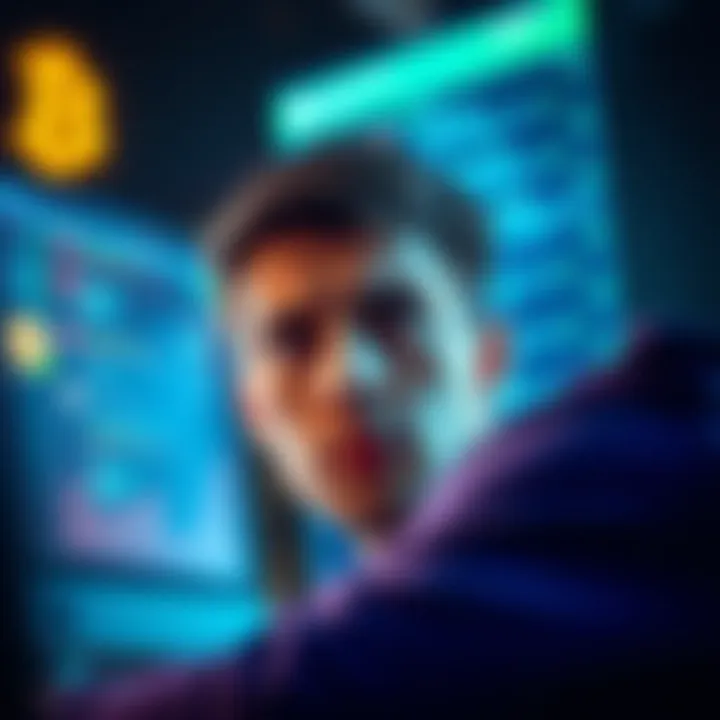 A worried person staring at a computer screen with symbols of cryptocurrency and support chat on display
