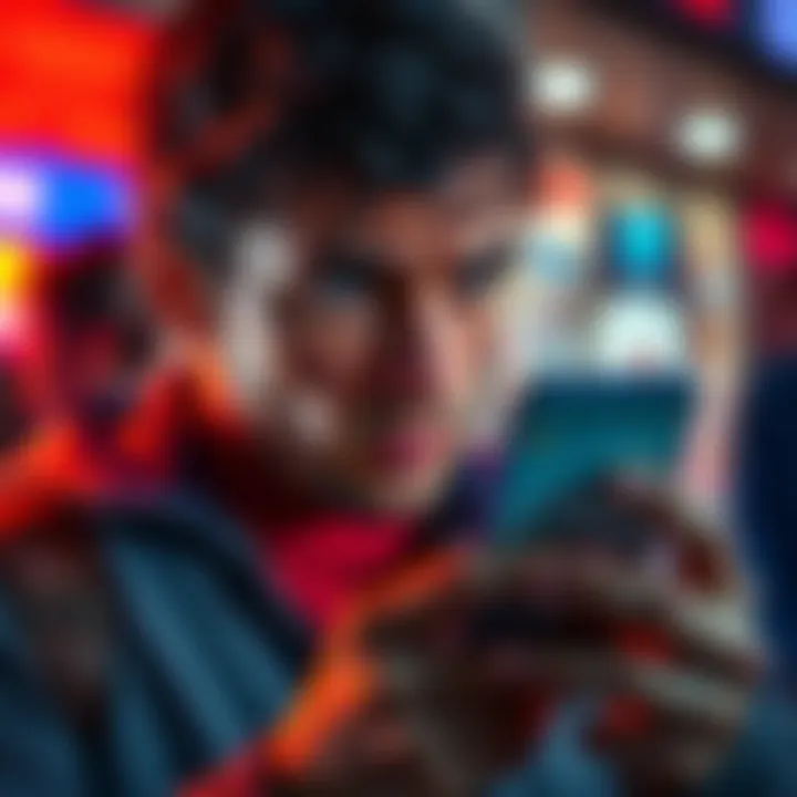 A worried customer looking at a smartphone with the Revolut app open, showing transaction details and user reviews.