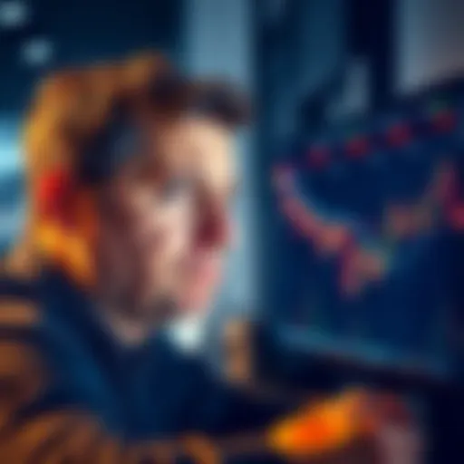 A man with a puzzled expression looking at Bitcoin price charts on a computer screen, showing his confusion about cryptocurrency