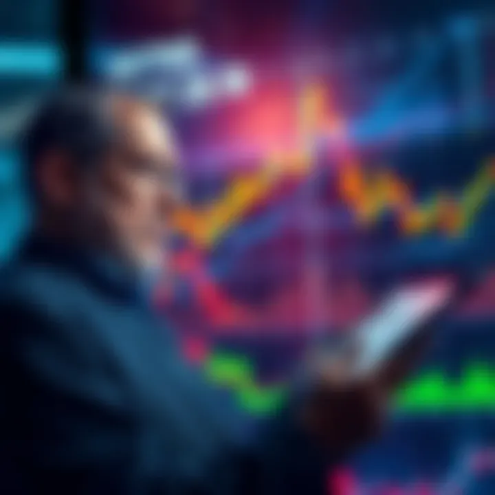 An investor looking puzzled at fluctuating price charts while reading an article on a tablet, symbolizing confusion in the market.