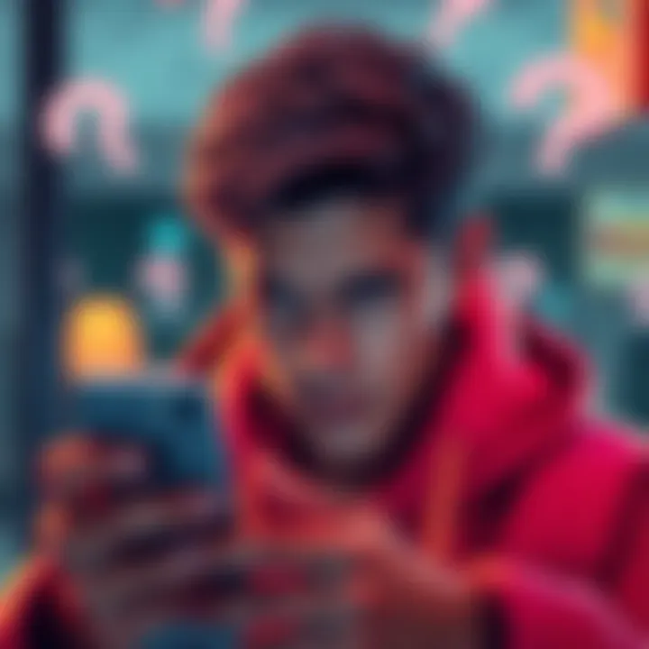A person staring at a phone with a puzzled expression, surrounded by question marks, symbolizing confusion over unexpected charges.