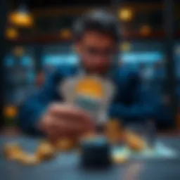 A person considering financial options while holding $1600 in USDC, showing various investment choices on a table.