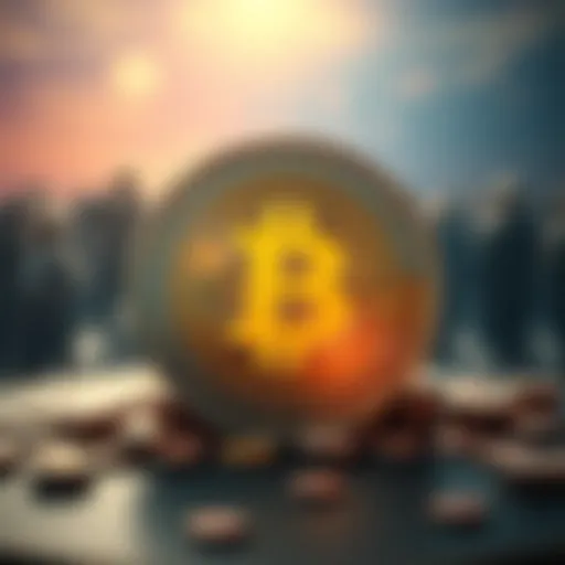 A digital representation of a cryptocurrency coin with symbols indicating ethical concerns, set against a backdrop of community opinions and religious symbols.