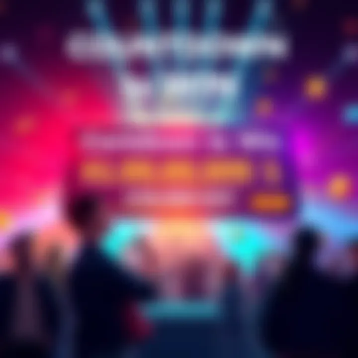 A digital countdown timer with a bright background and USDT currency symbols, highlighting the $1,000,000 prize pool. Participants are seen excitedly gathering around.