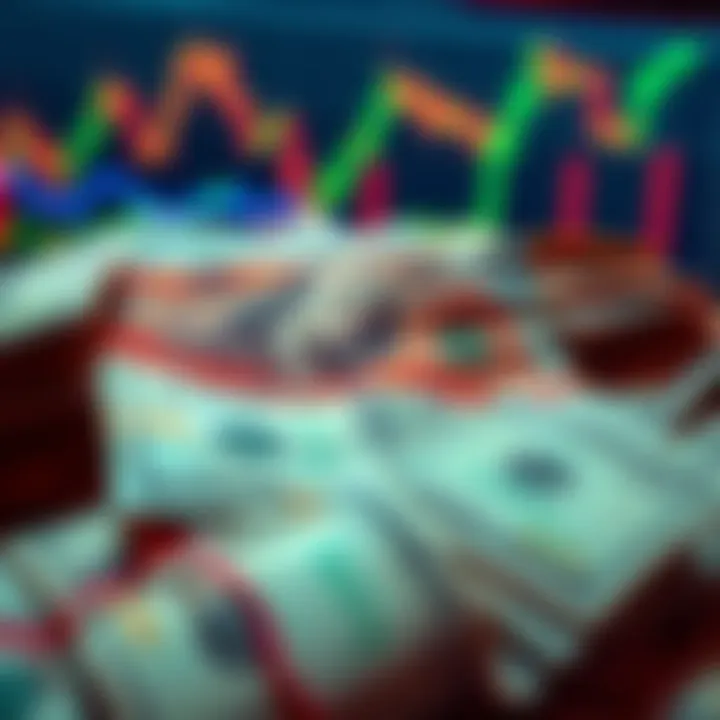 A pile of fake US dollar bills with a graph showing falling cryptocurrency prices in the background