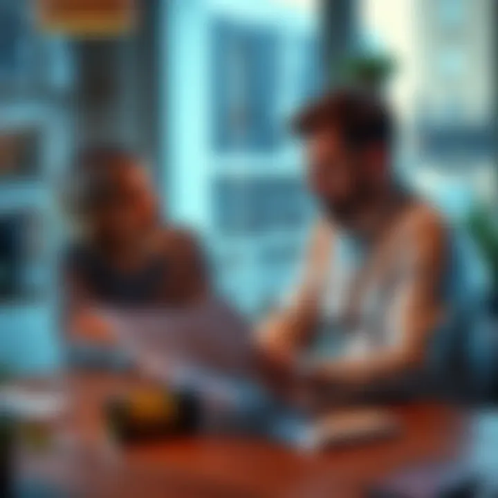 A couple sitting at a table, looking at documents and discussing their €34,000 money transfer for a new home.