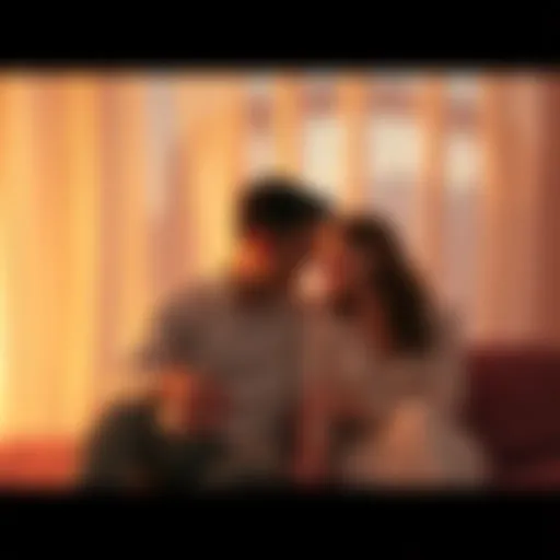 A couple sitting close together, smiling and whispering, surrounded by a soft, romantic setting that emphasizes their connection and privacy.