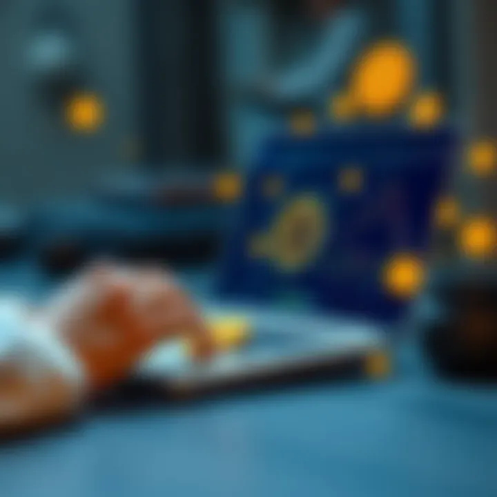 A person using a laptop to create a Bitcoin wallet with digital icons representing cryptocurrency.