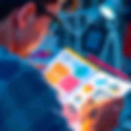 Person looking over a colorful portfolio with sketches and design samples, seeking input from others