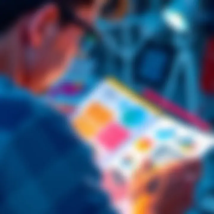 Person looking over a colorful portfolio with sketches and design samples, seeking input from others