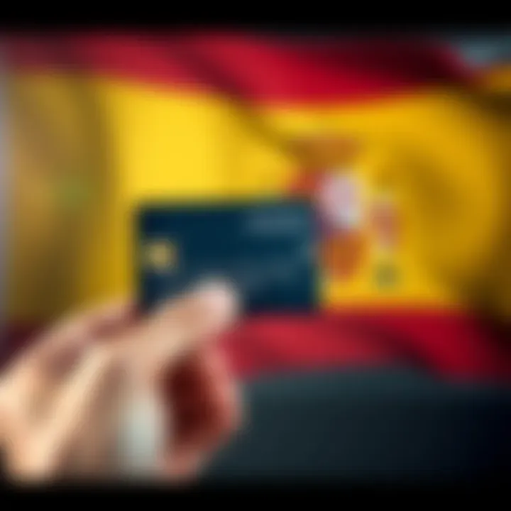 A person holding a credit card with the Spanish flag in the background, representing financial accessibility for all residents in Spain.