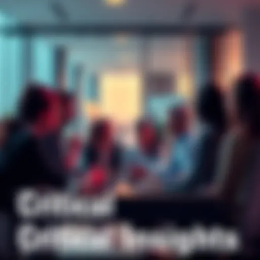 Critical Insights A group of diverse people discussing recent findings and trends in a modern office setting