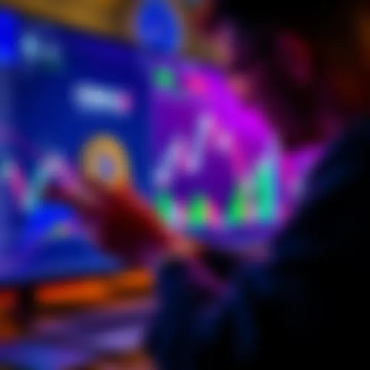 A person analyzing cryptocurrency charts with graphics representing CRO, ONDO, and LINK coins on a digital screen.