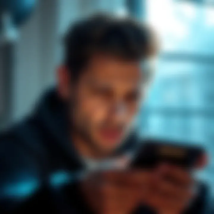 A frustrated person looking at a smartphone with a crypto app showing an error message about staking CRO.