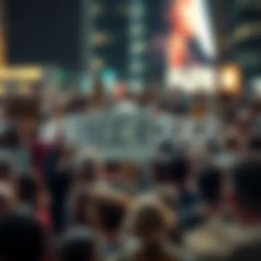 A diverse crowd holding signs that say #FREEROGER, gathering in a public space to show support for the movement