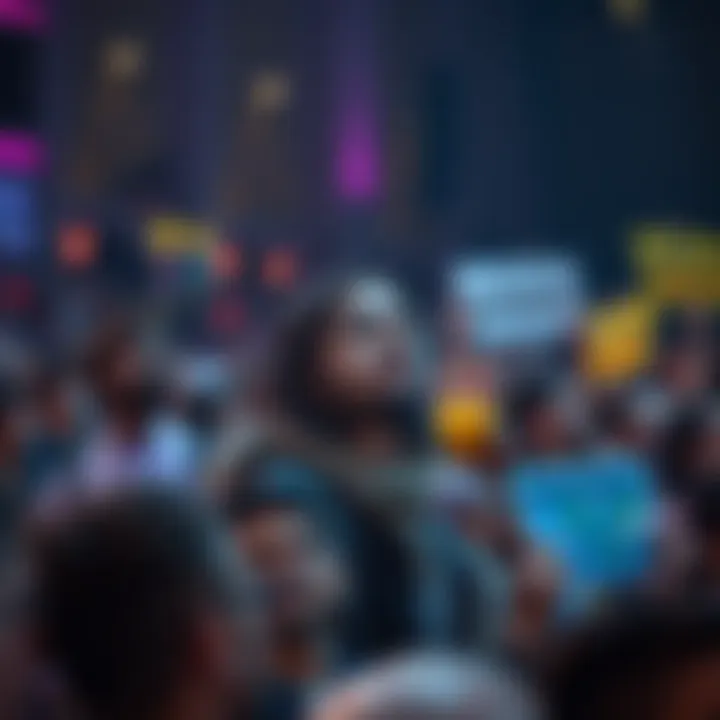 A diverse group of people looking upwards, symbolizing anticipation and hope for upcoming events. Some hold signs showing various sectors like economy and environment.