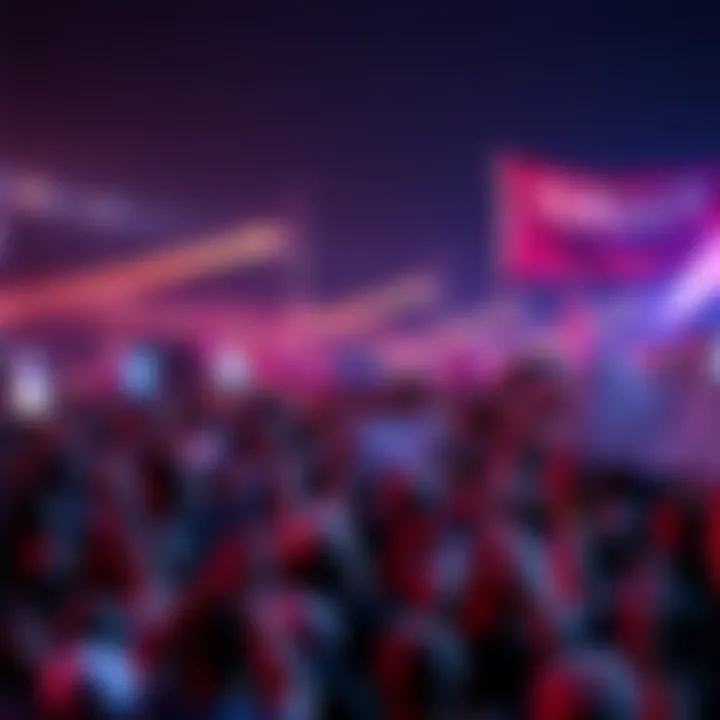 Crowd at Rally Event A lively crowd gathered at a rally event, cheering and holding banners, showing excitement and energy.