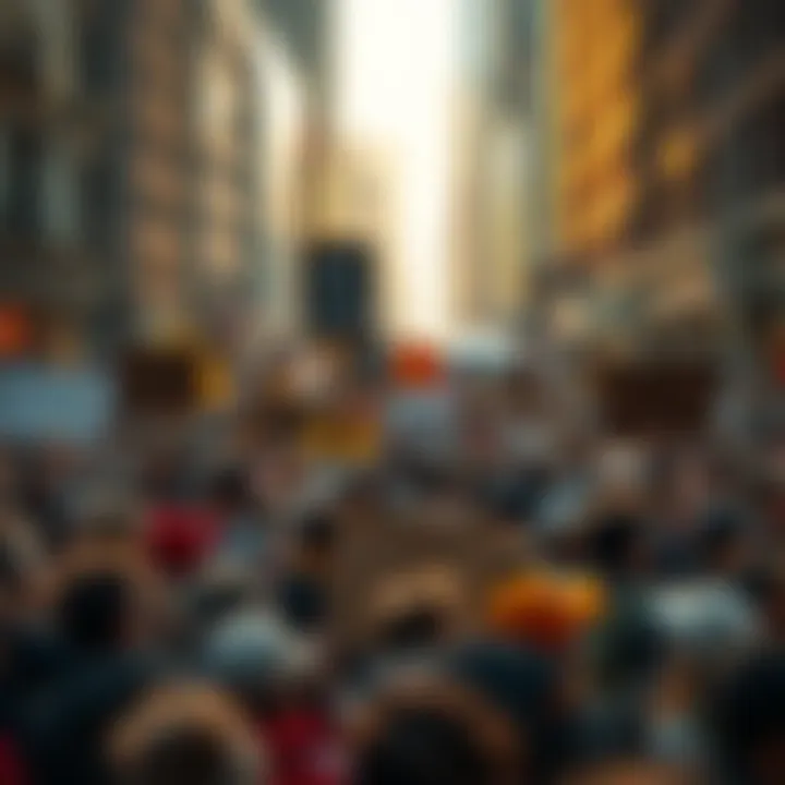 Group of people holding signs and protesting in a busy city street during unrest
