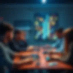 A group of people sharing ideas about cryptocurrency at a table with laptops and smartphones.
